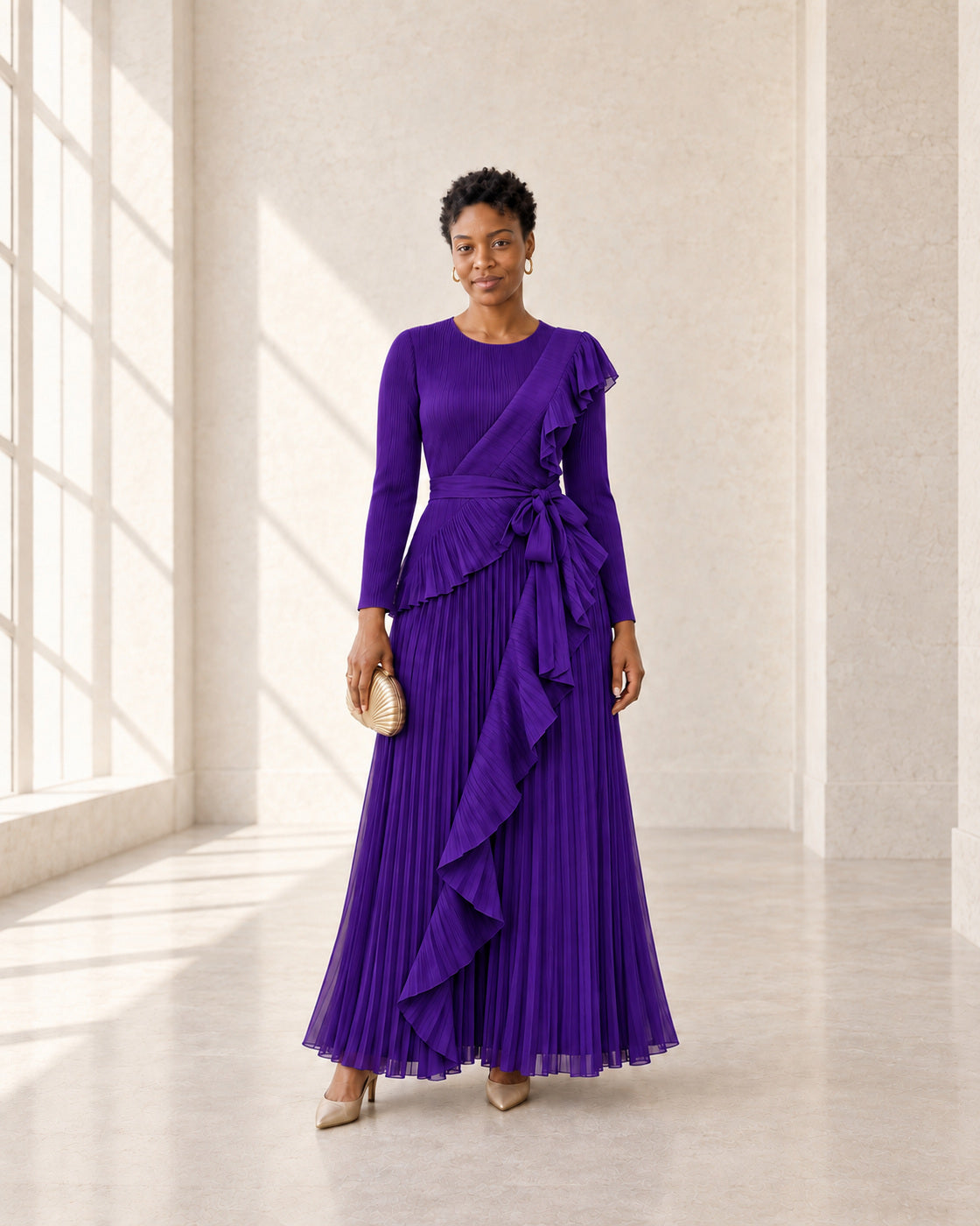 Zafira Waterfall Pleated Dress - Purple - Model 8 - Front styled look