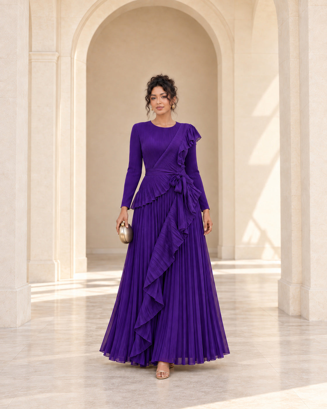 Zafira Waterfall Pleated Dress - Purple - Model 9 - Front styled look