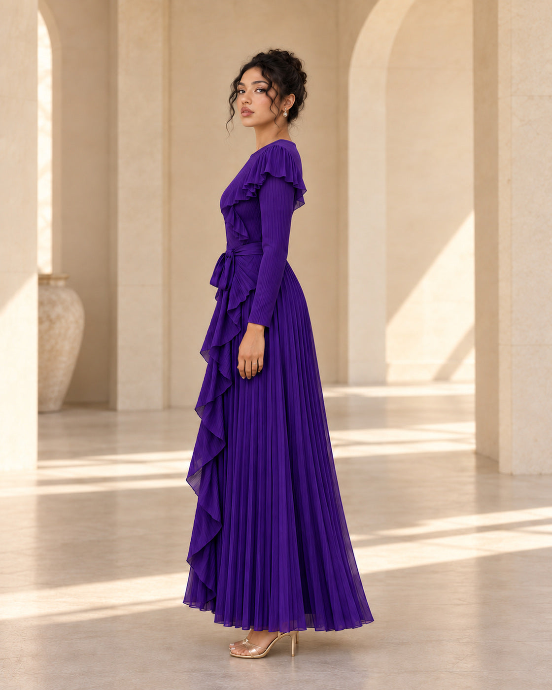 Zafira Waterfall Pleated Dress - Purple - Model 9 - True side styled look