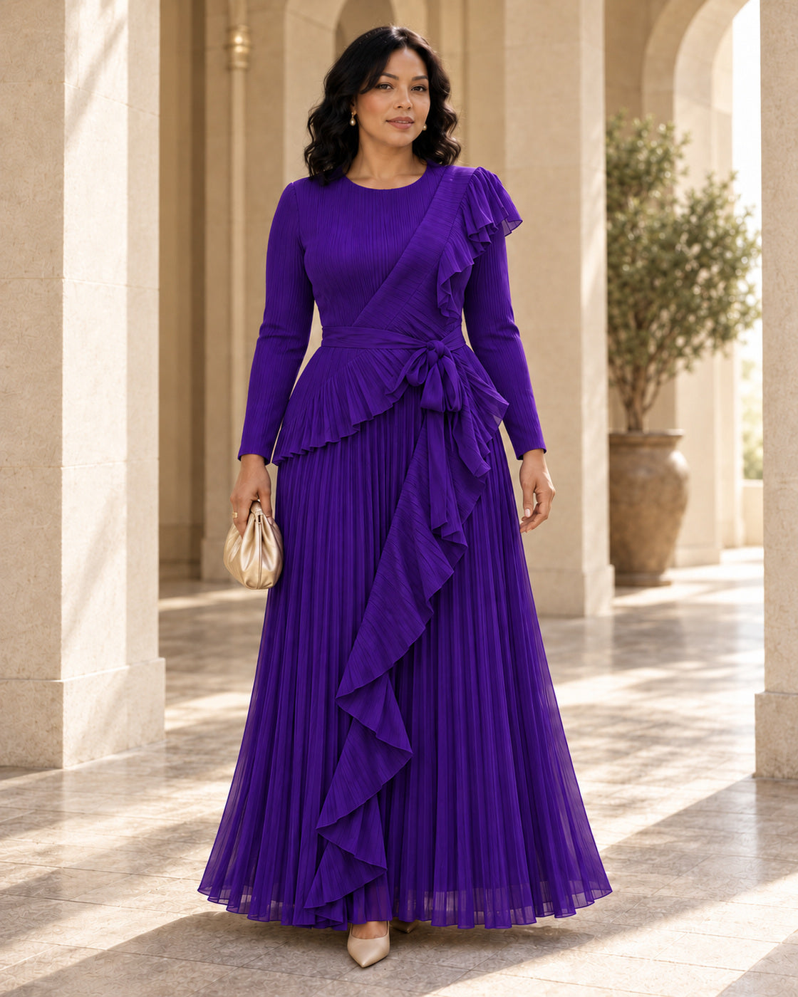 Zafira Waterfall Pleated Dress - Purple - Model 10 - Front styled look